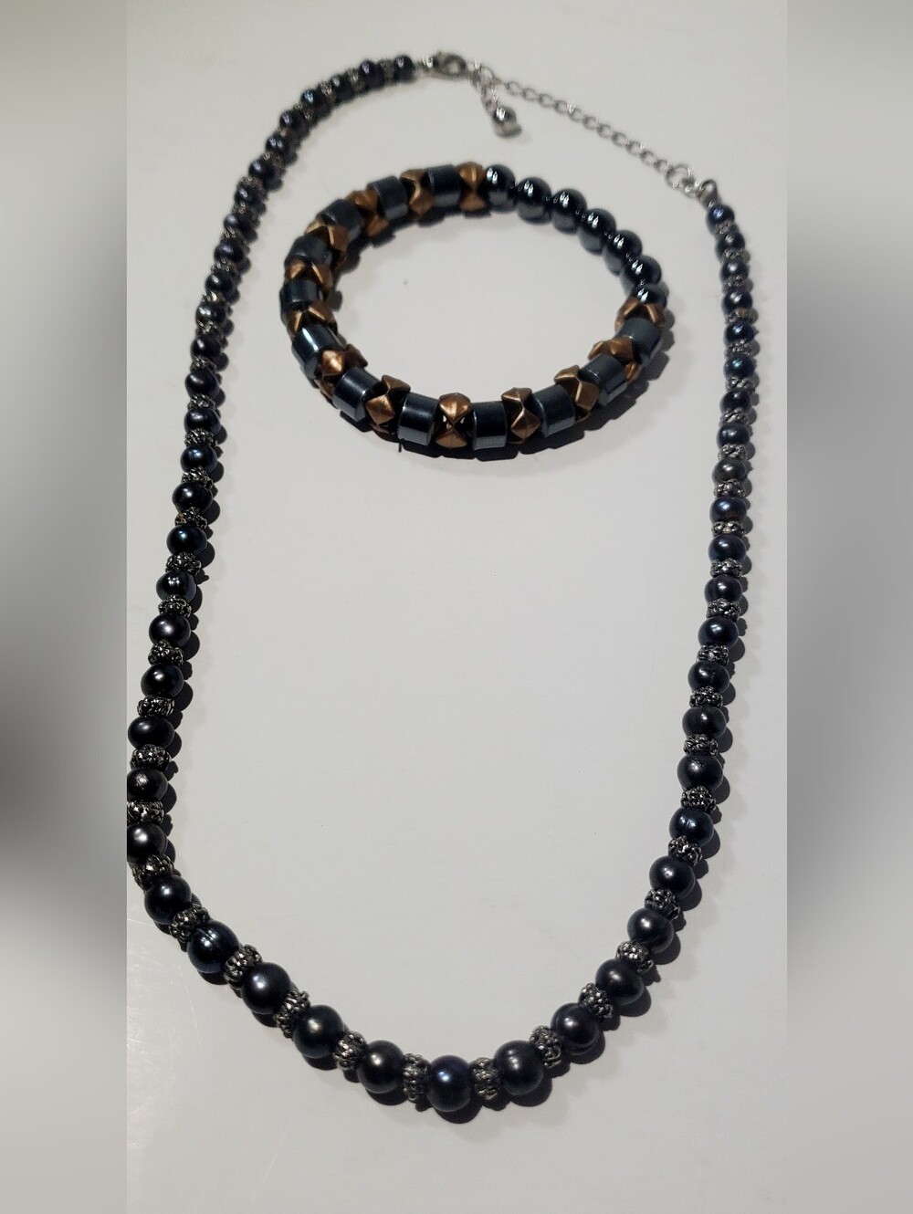 Black and Gold Hematite Beaded Necklace and Bracelet Set